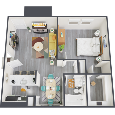 Floor plan for 1 bed, 1 bath, 654 sqft